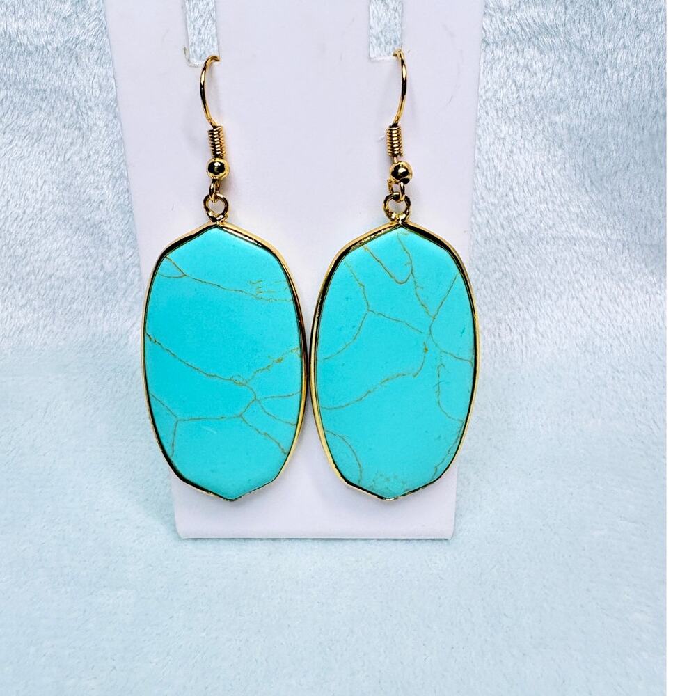 Kendra Scott Turquoise Oval Drop Earrings Gold Tone Hooks Signature Style